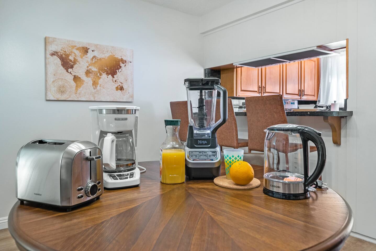 Toaster, coffeemaker, blender, hot water.