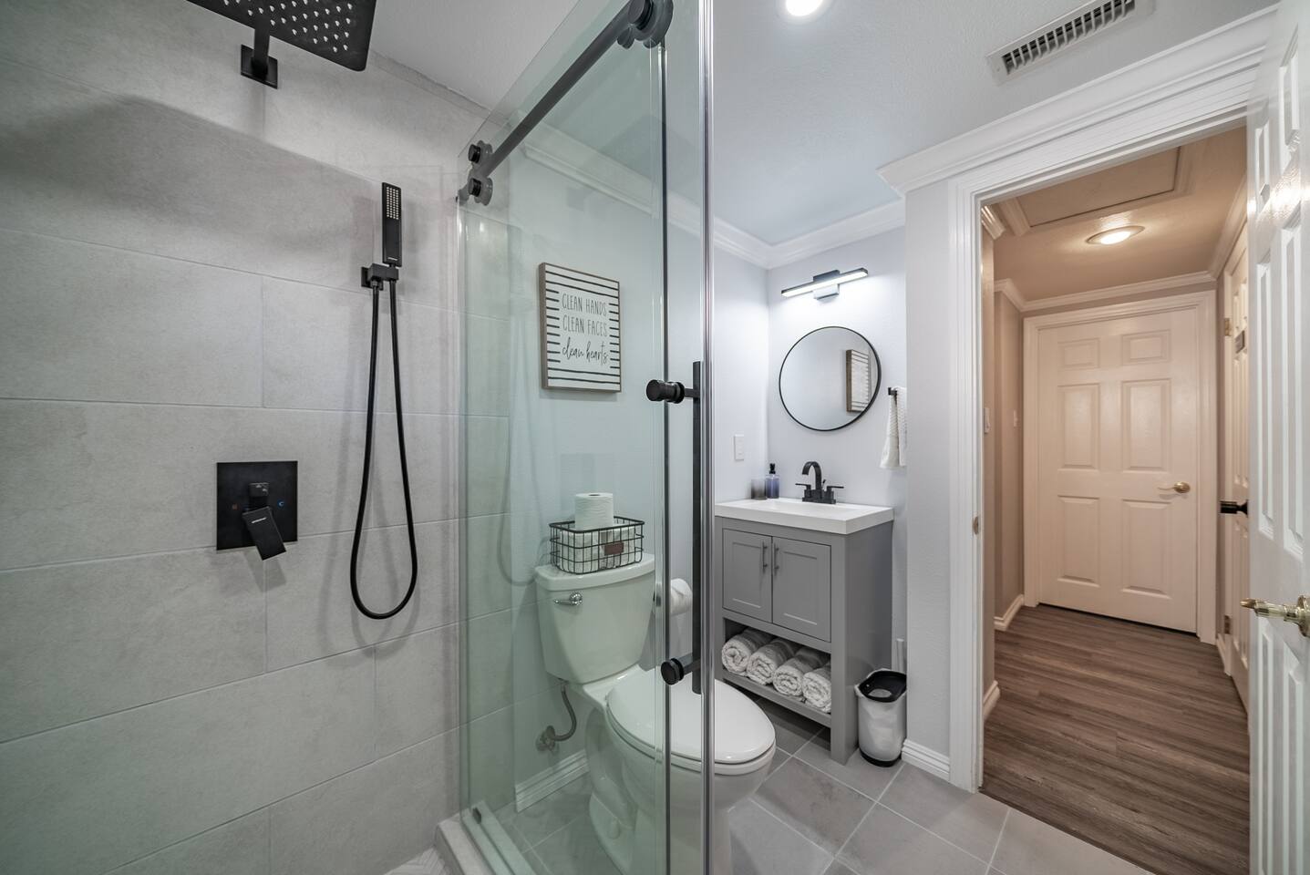 Modern bathroom with shower.