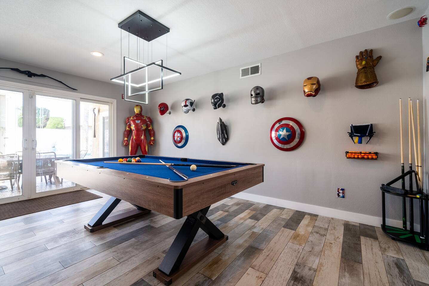 Pool table and Iron Man statue!