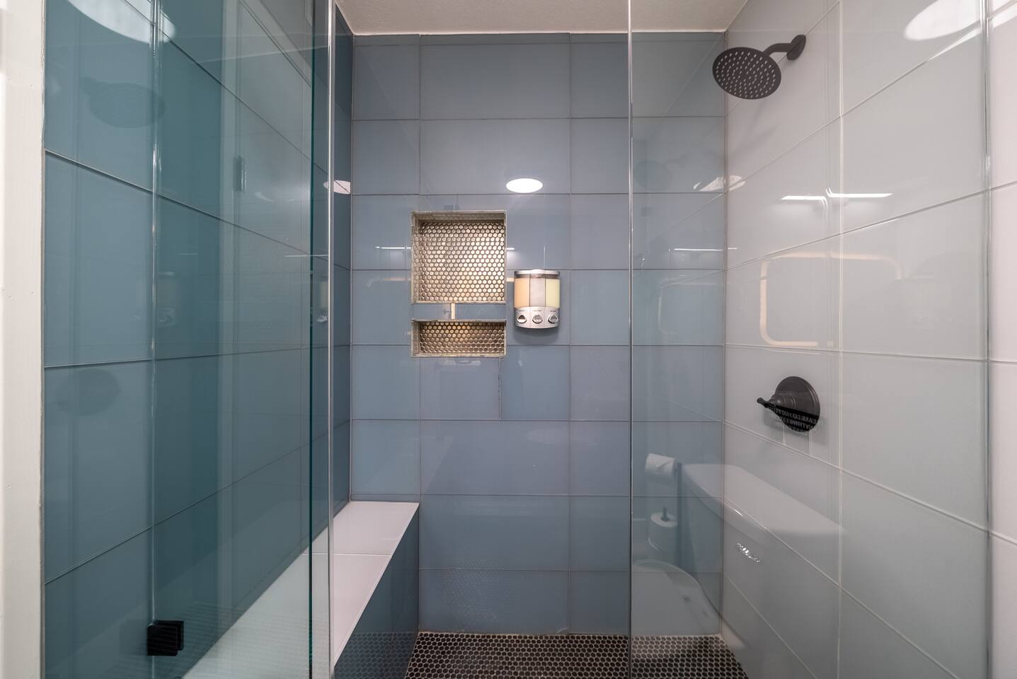 Sleek and modern shower with bench.