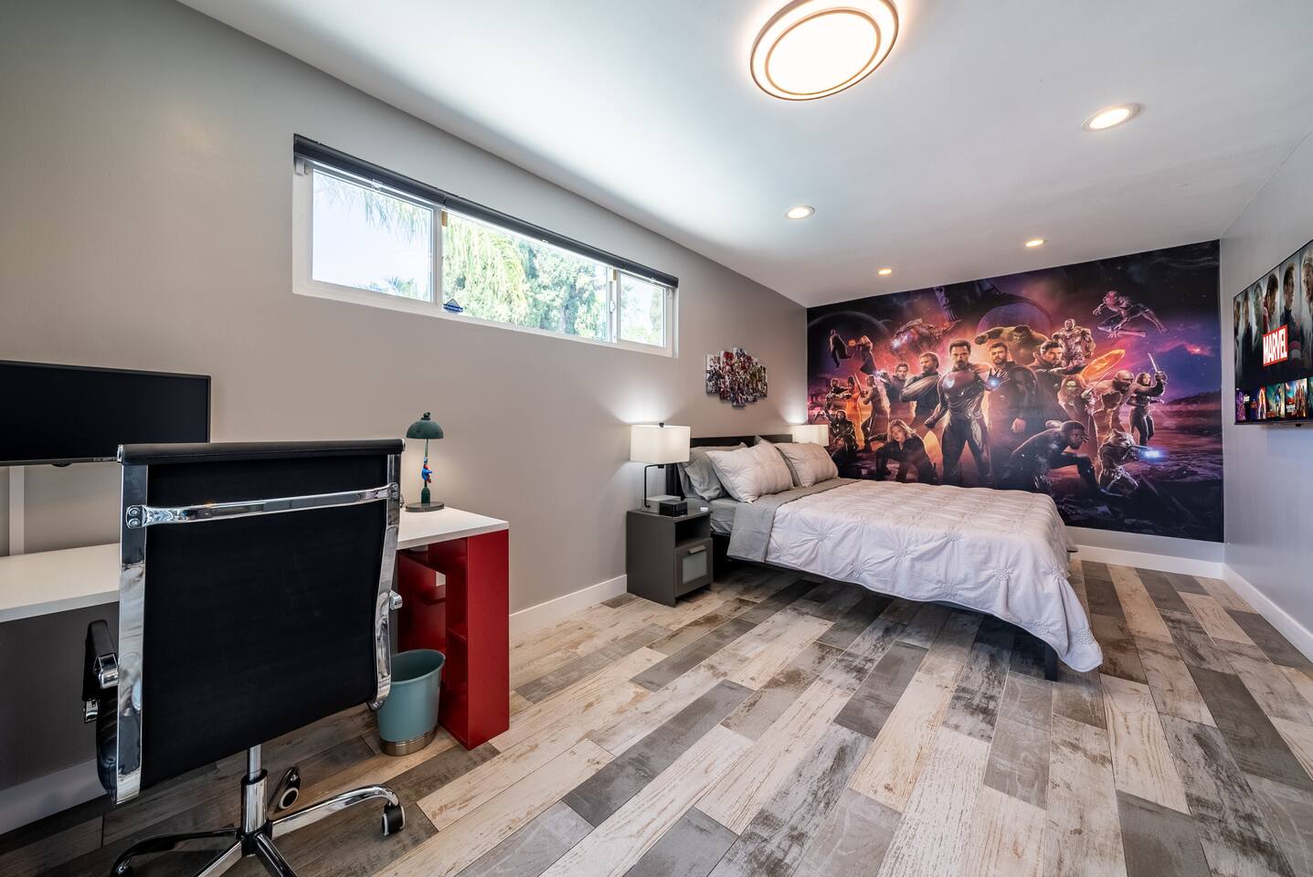 Avengers themed Master bedroom with King Size bed.