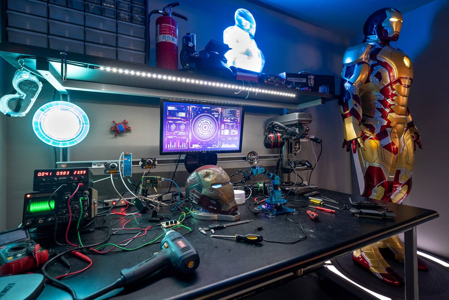 Iron Man's work desk in the Movie Theatre room.