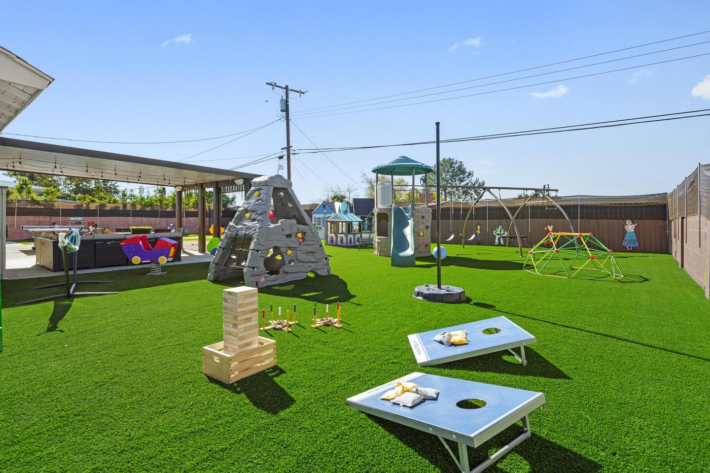 Play Cornhole and oversized Jenga!