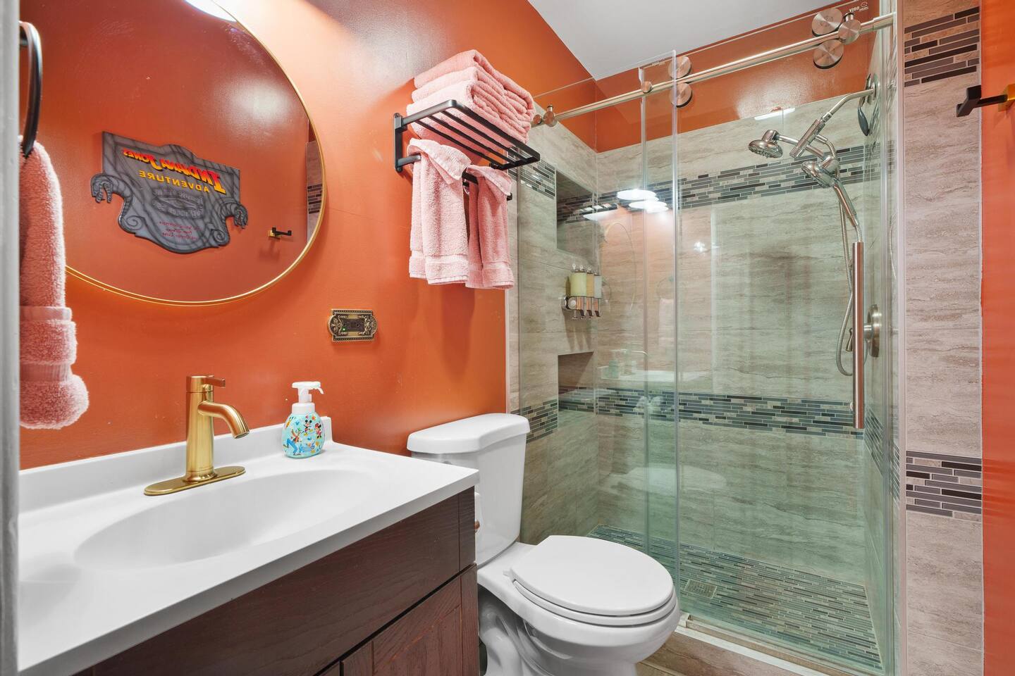 Indiana Jones themed bathroom with shower.