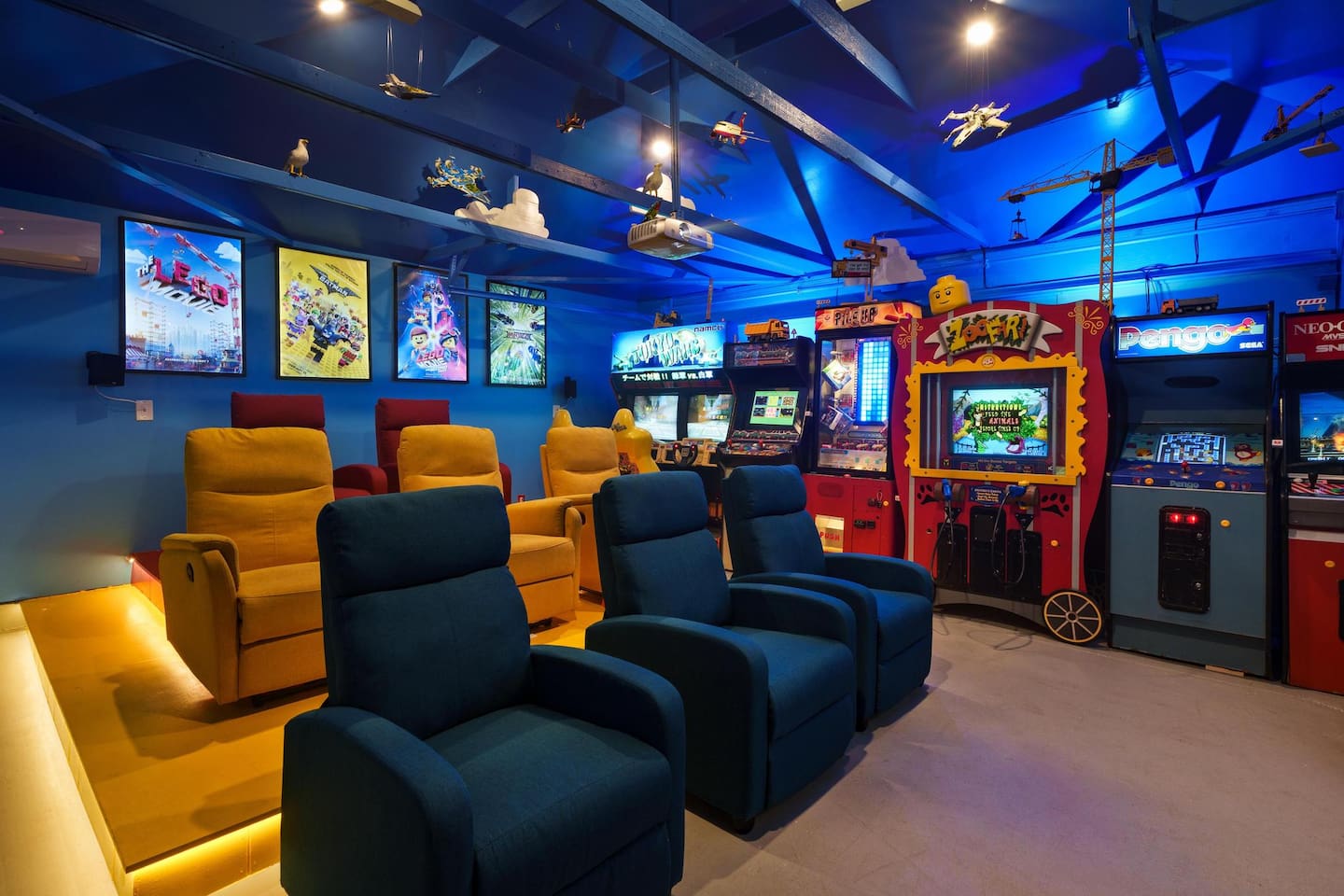 This movie theater features arcade machines all set on free play! 