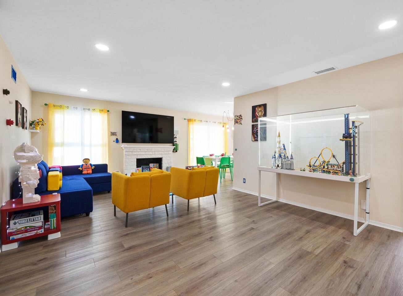 Open living room with multiple LEGO set pieces. 