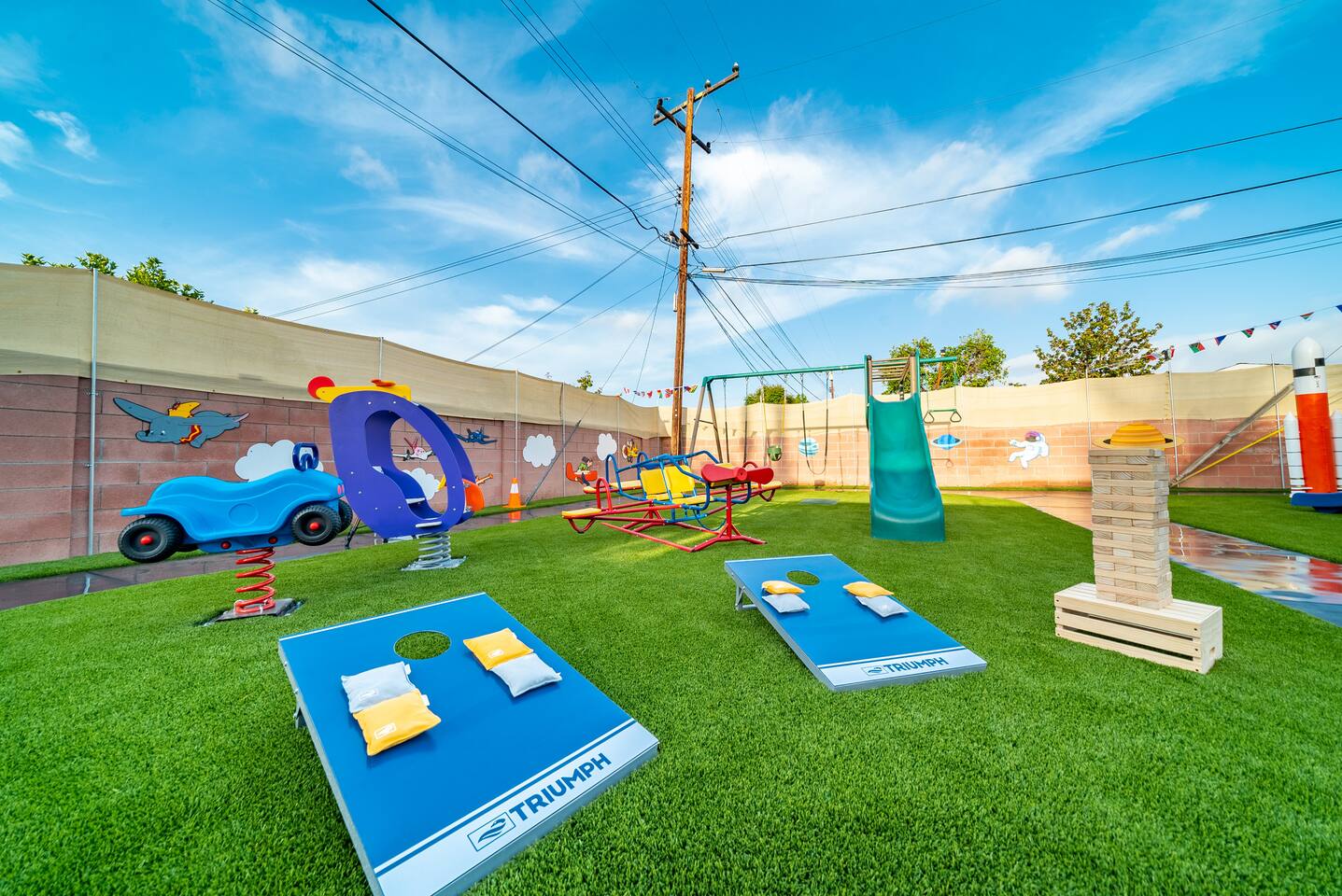 Play Cornhole and oversized Jenga!