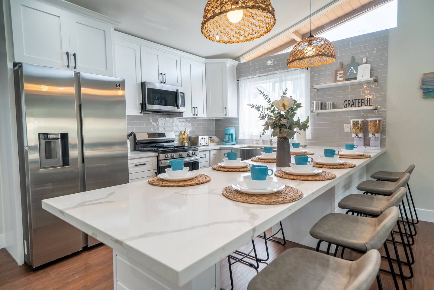 Bright kitchen with matching place settings.