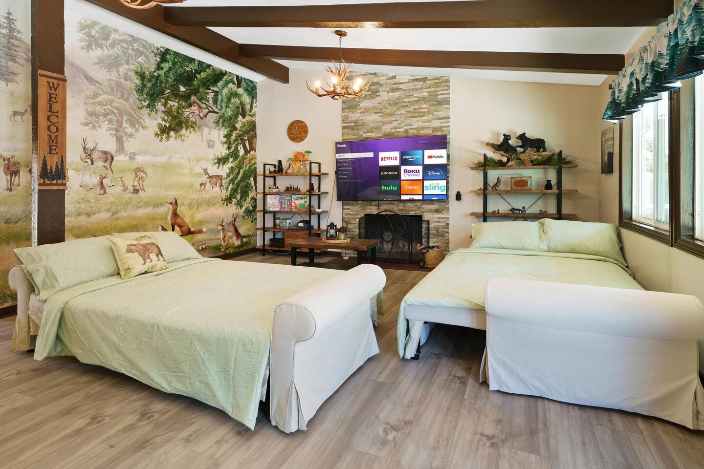 Comfy couches in living room turn into full sized comfy beds for extra sleepers!