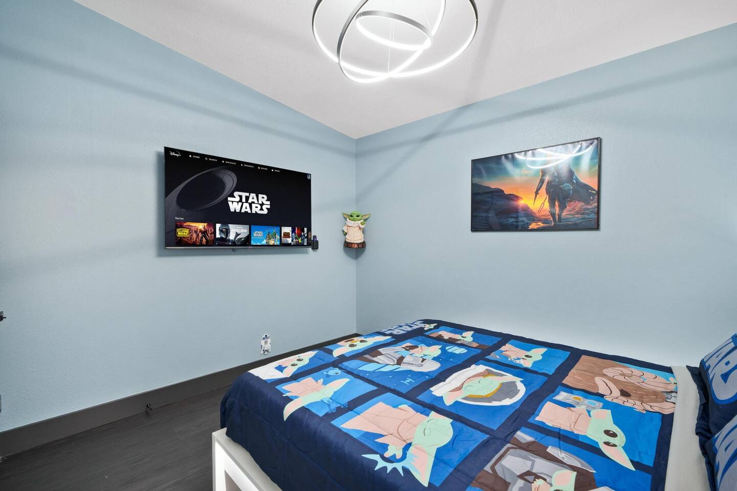 Guest bedroom with Roku tv for all your Mandalorian viewing!