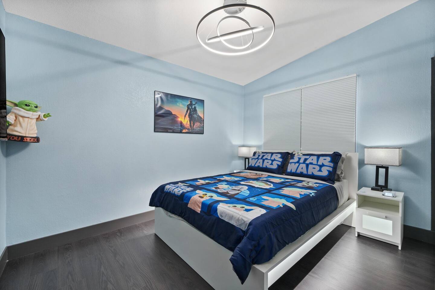 Guest bedroom with Queen size bed and Grogu decor!