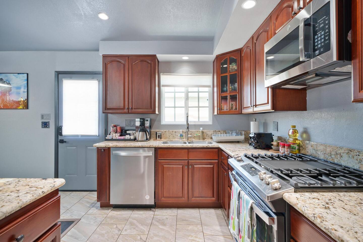 Kitchen is stocked with everything you to prepare home-cooked meals!