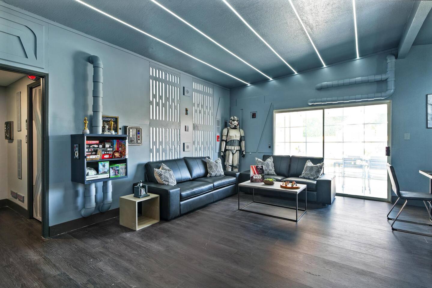 Open, immersive spaceship living room.