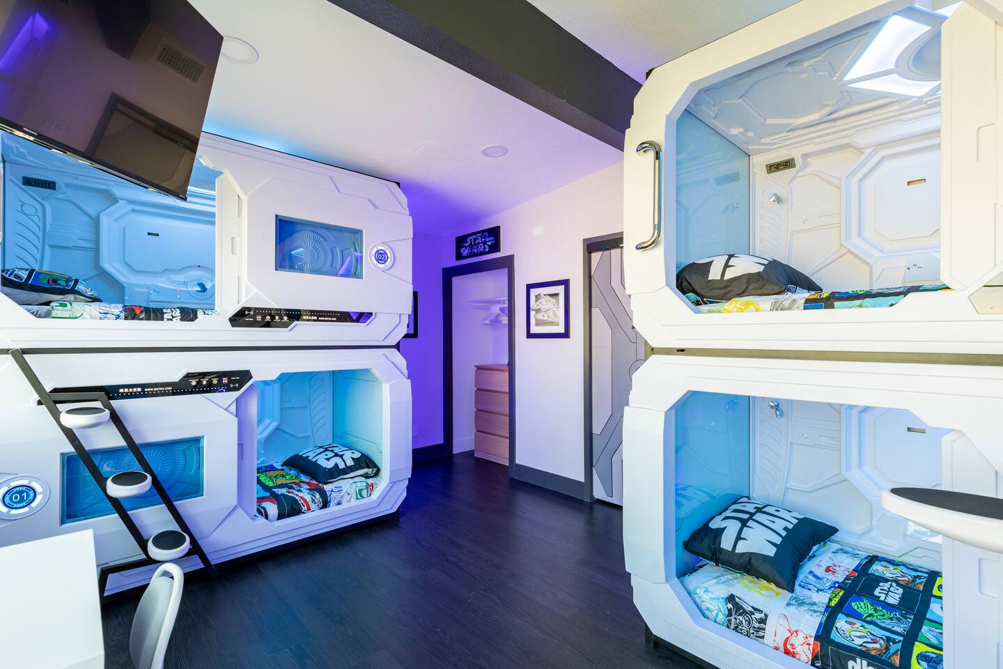 Kid's space capsule pods and Roku TV.